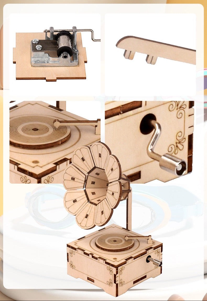 DIY 3D Gramophone Music Box Wooden Puzzle - Vintage Hand Crank