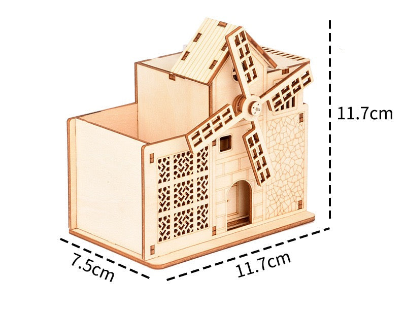 Big Windmill Music Box with Pencil Holder – 3D Wood Puzzle DIY