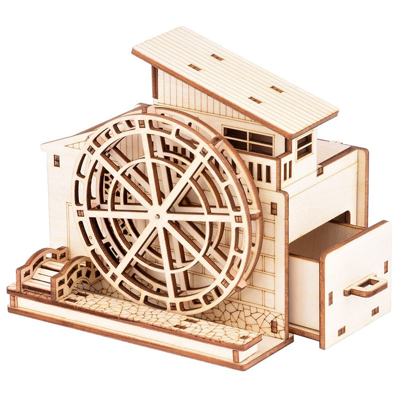 Large Waterwheel 3D Wood Puzzle Music Box & Pen Holder