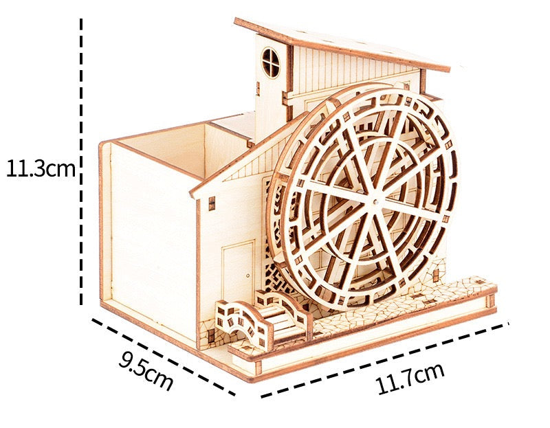 Large Waterwheel 3D Wood Puzzle Music Box & Pen Holder