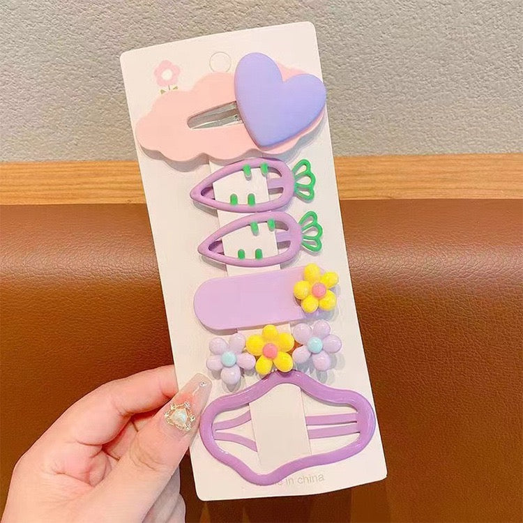 5-Piece Cute Kids' Hair Clip Set - Flower & Carrot Designs