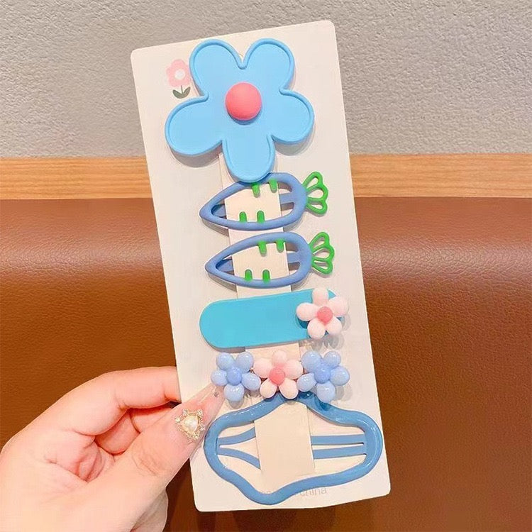5-Piece Cute Kids' Hair Clip Set - Flower & Carrot Designs