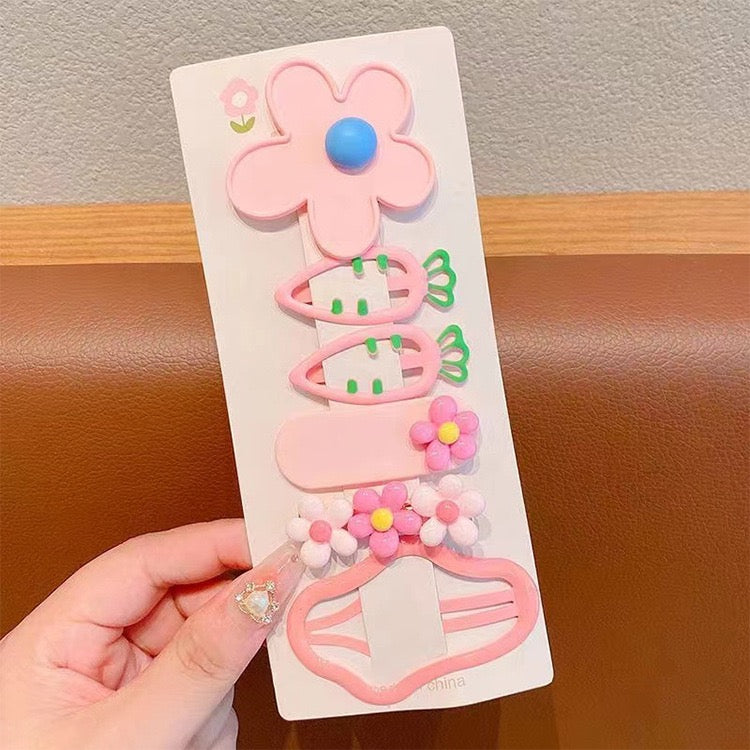 5-Piece Cute Kids' Hair Clip Set - Flower & Carrot Designs