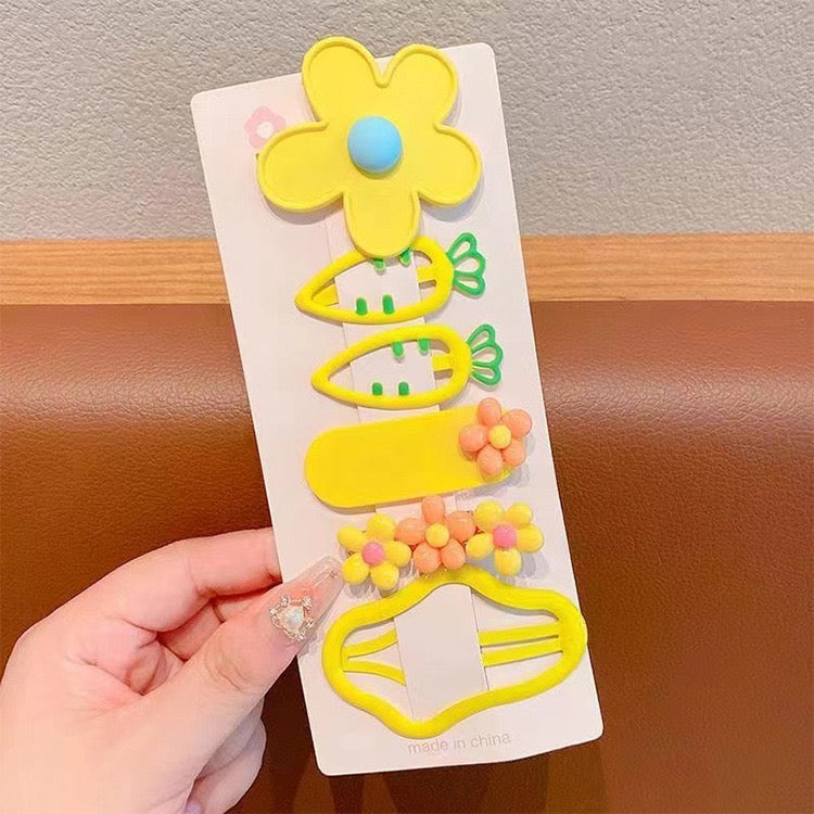 5-Piece Cute Kids' Hair Clip Set - Flower & Carrot Designs