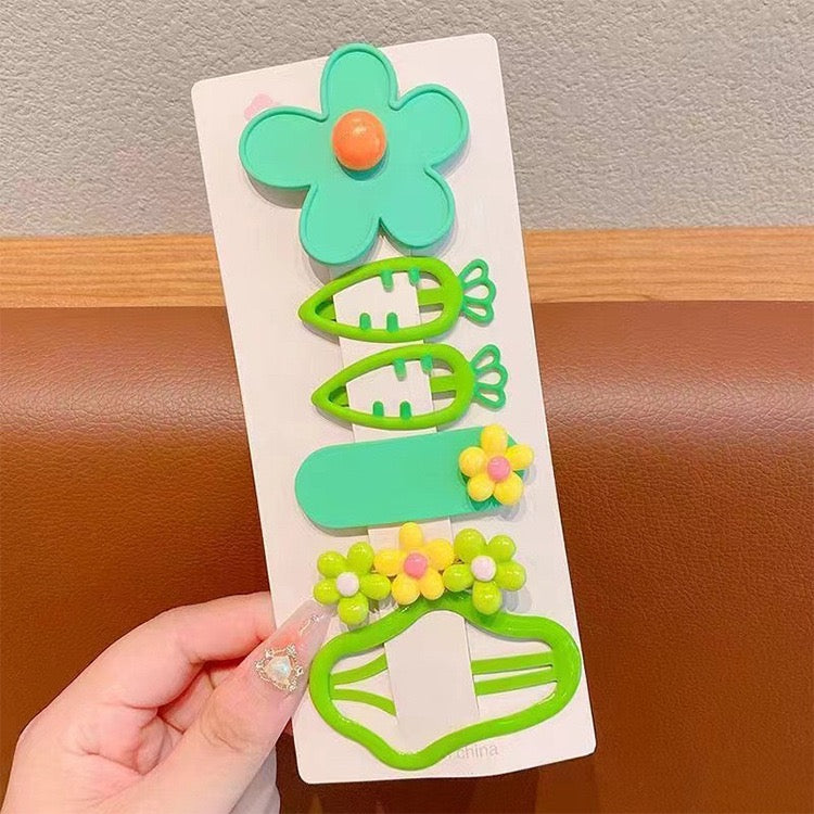 5-Piece Cute Kids' Hair Clip Set - Flower & Carrot Designs