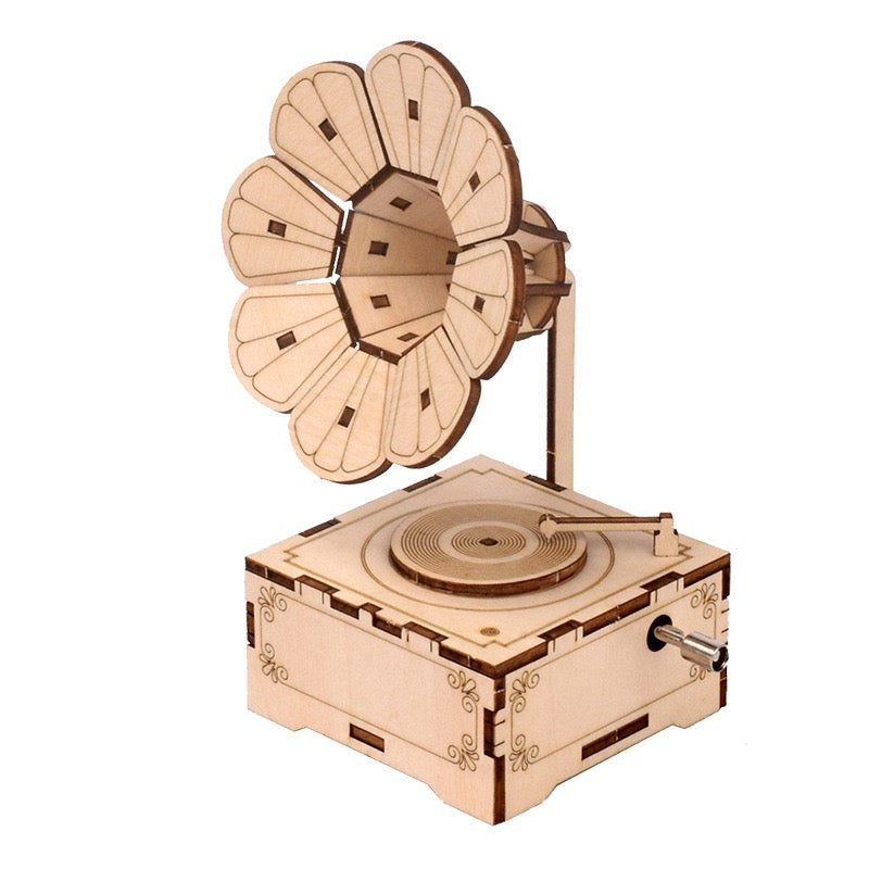 DIY 3D  Gramophone Music Box Wooden Puzzle - Vintage Hand Crank