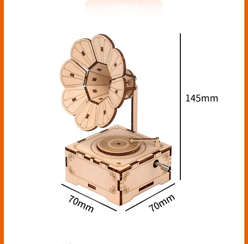 DIY 3D  Gramophone Music Box Wooden Puzzle - Vintage Hand Crank