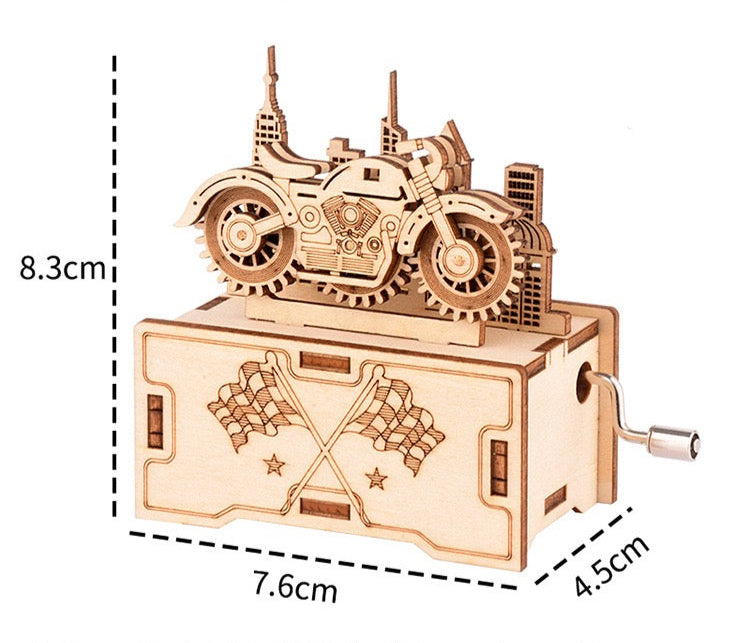 DIY 3D Puzzle Wooden Motorcycle City Skyline Music Box