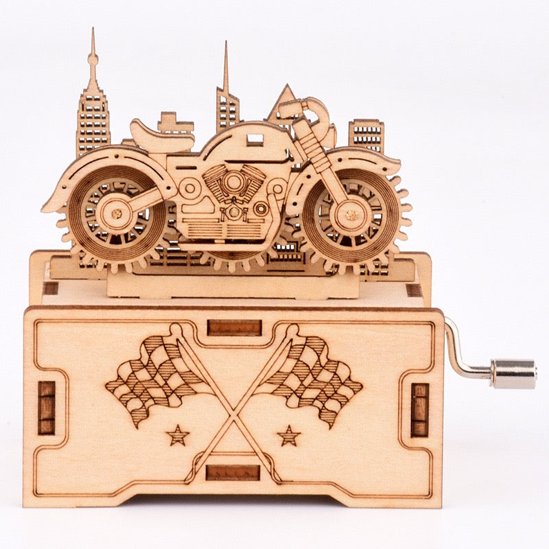DIY 3D Puzzle Wooden Motorcycle City Skyline Music Box