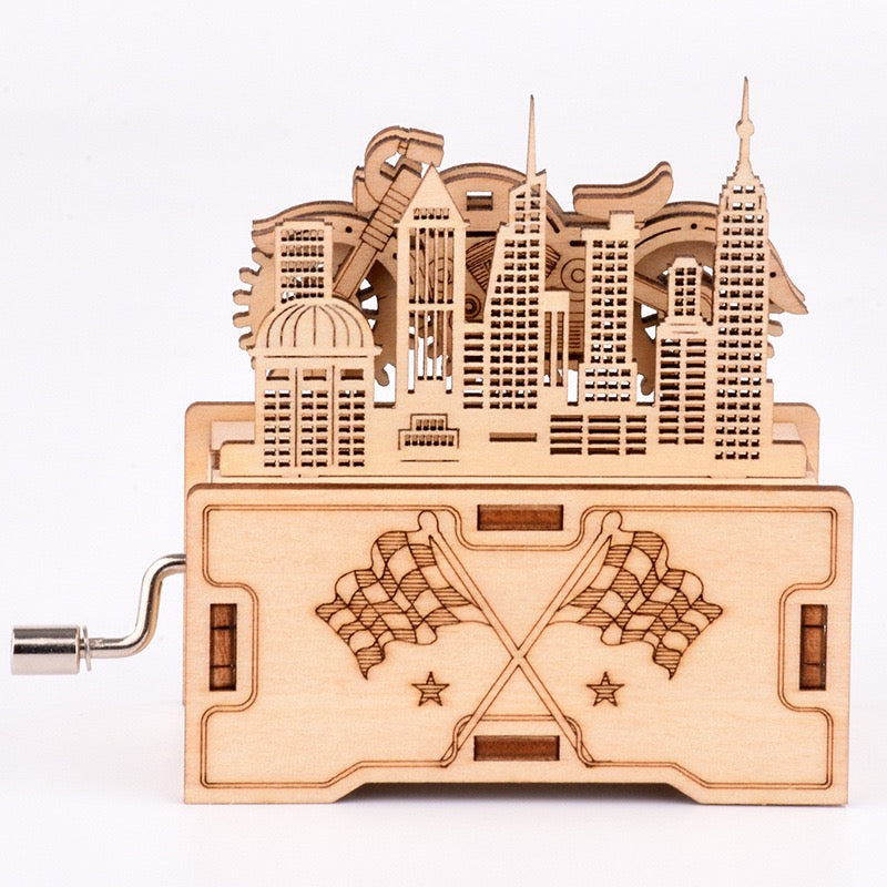 DIY 3D Puzzle Wooden Motorcycle City Skyline Music Box
