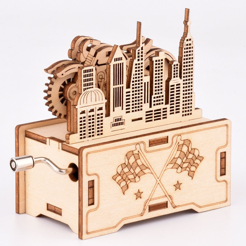 DIY 3D Puzzle Wooden Motorcycle City Skyline Music Box