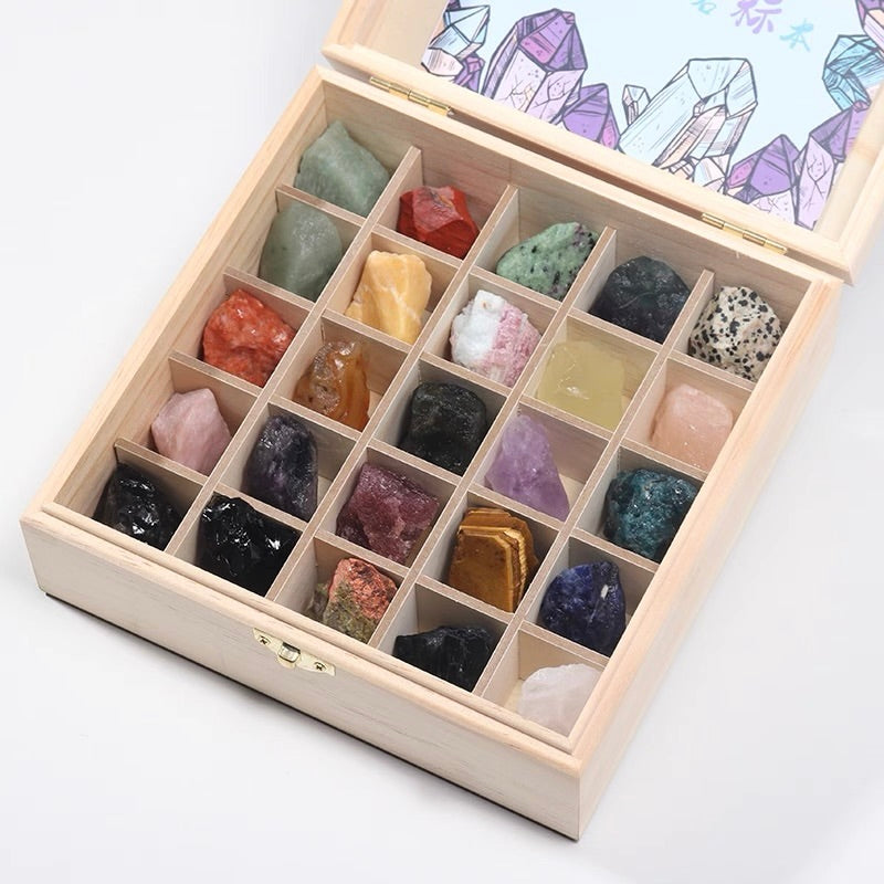 Natural Raw Mineral & Crystal Collection Set (25 or 30 Pieces) in Wooden Box