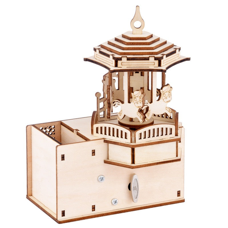 Carousel Pavilion 3D Wood Puzzle Music Box with Drawer & Pen Holder