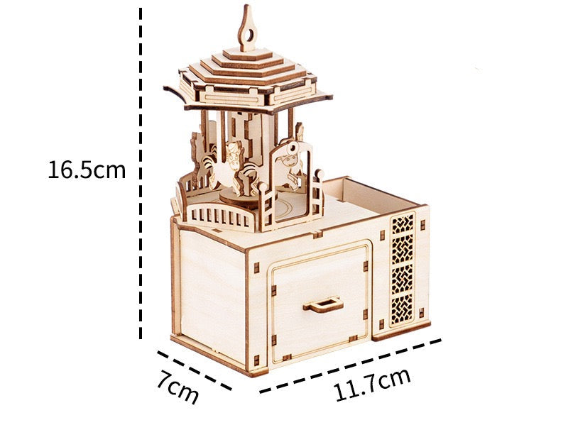 Carousel Pavilion 3D Wood Puzzle Music Box with Drawer & Pen Holder