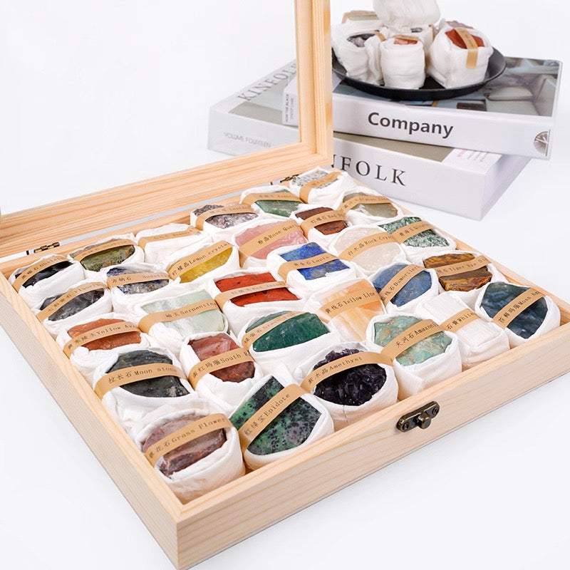 Natural Raw Mineral & Crystal Collection Set (25 or 30 Pieces) in Wooden Box