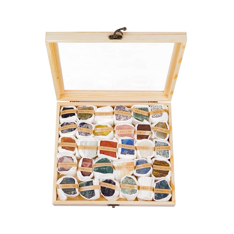Natural Raw Mineral & Crystal Collection Set (25 or 30 Pieces) in Wooden Box
