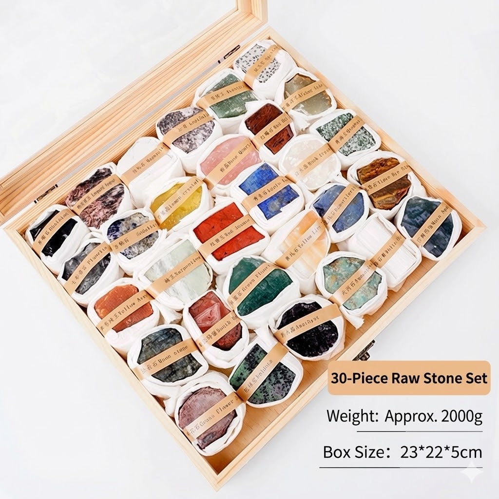 Natural Raw Mineral & Crystal Collection Set (25 or 30 Pieces) in Wooden Box