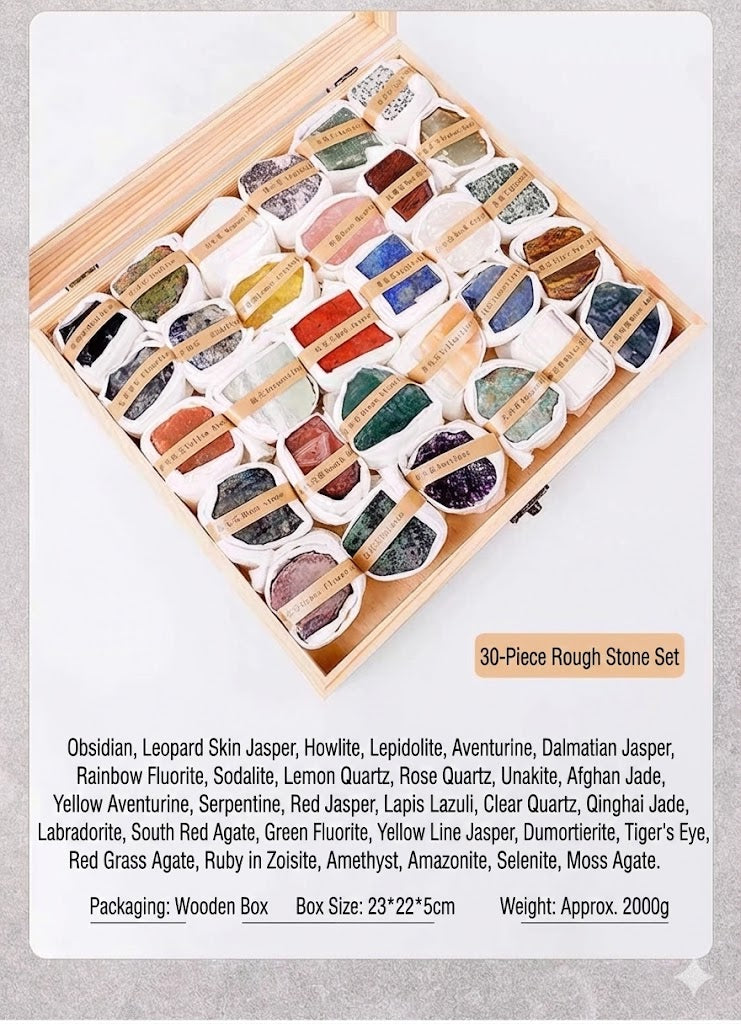 Natural Raw Mineral & Crystal Collection Set (25 or 30 Pieces) in Wooden Box
